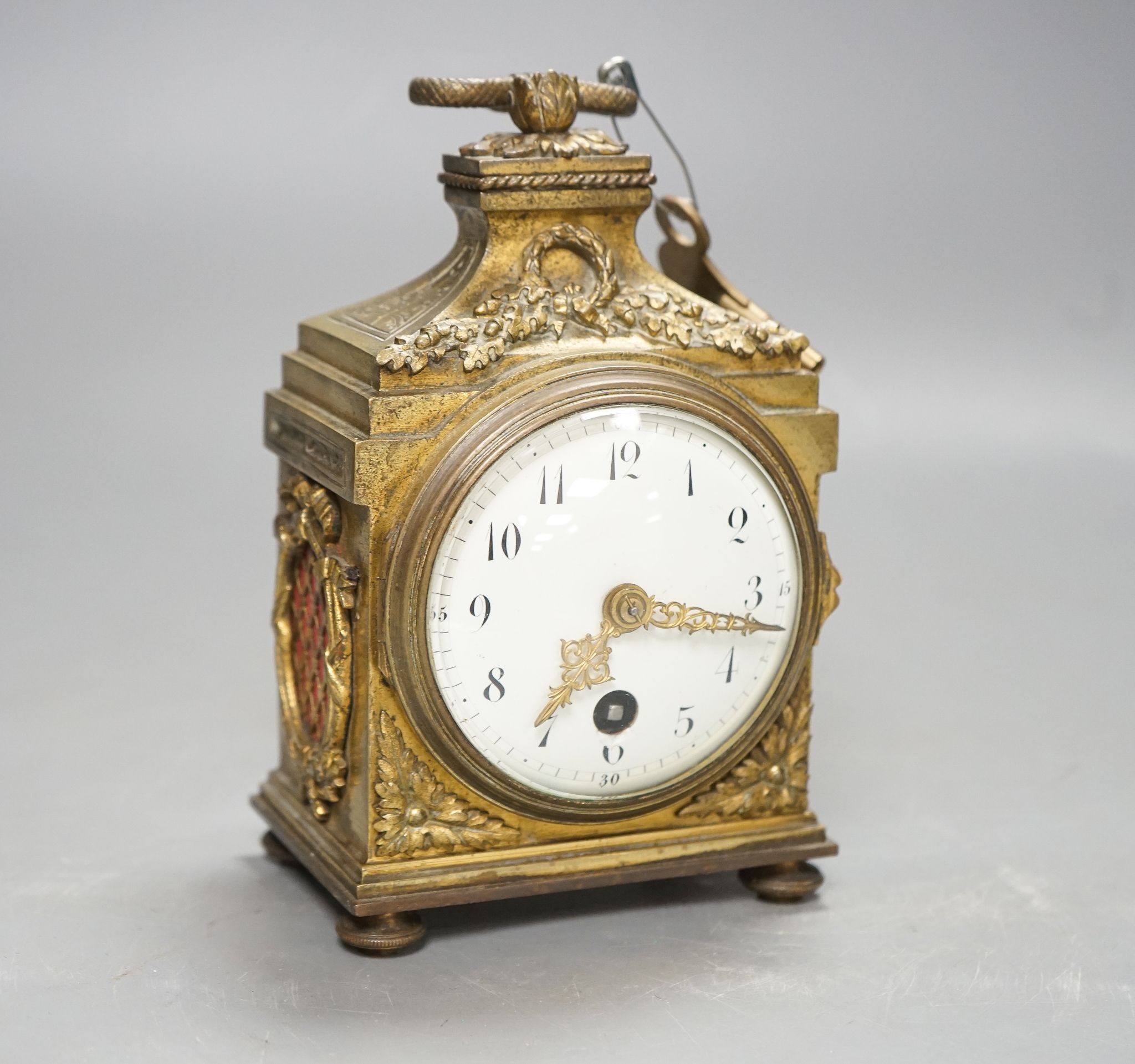 A French ormolu Pendule D'Officier timepiece, with key, circa 1900, 16cm